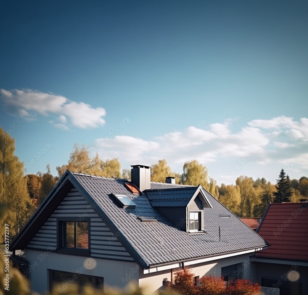 Wohnhaus mit neu eingedecktem Steildach vor blauem Himmel