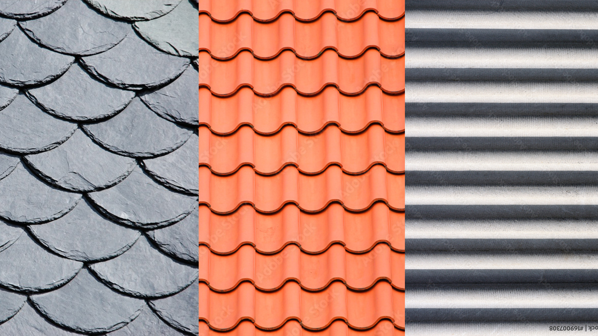 Drei Dachmaterialien nebeneinander: Schieferschuppen, Tonziegel und Faserzement-Wellplatten